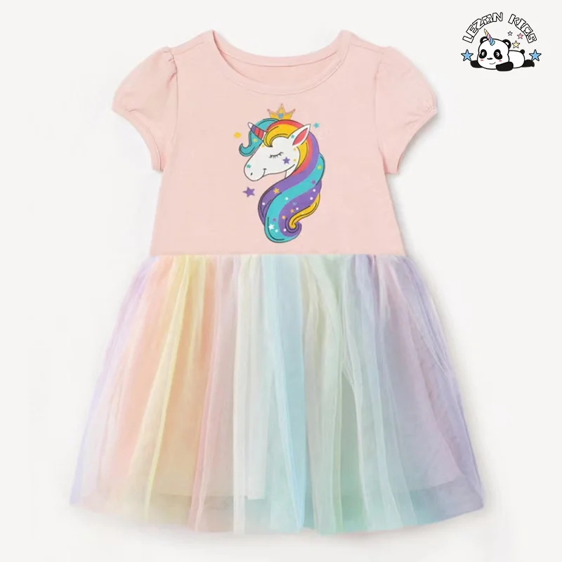 LEZONKIDS - Vestido de Menina Unicórnio Impresso Personalizável por Atacado com Mangas Curtas e Tule, Vestido Pufle de Arco-íris
